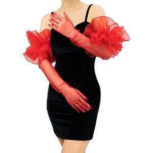 Women's Red Ruffle Puff Tulle Fabric Mesh Long Sleeve Gloves Cocktail Prom